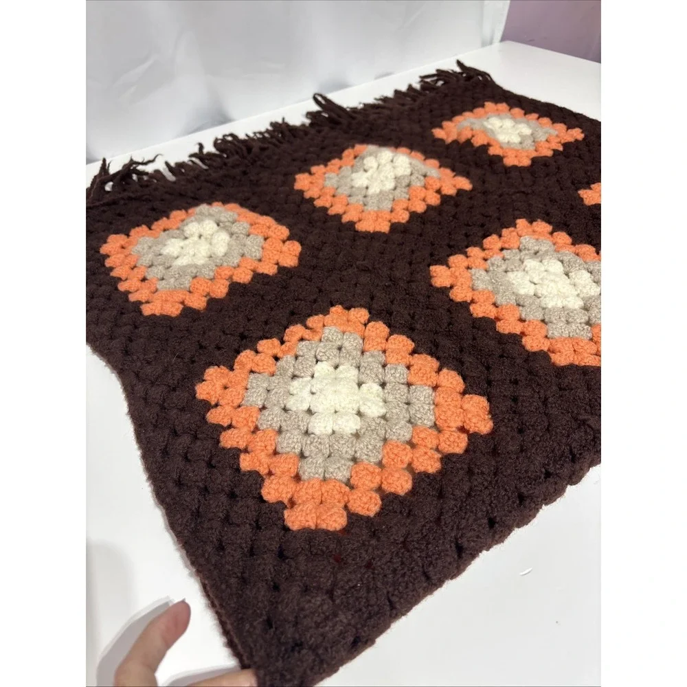 Vtg Handmade Crochet Granny Square Afghan Blanket‎ Throw Orange Brown 46X27